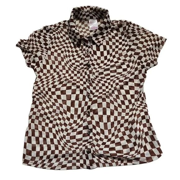 No Boundaries Juniors Brown & White Check Sheer Button Down Short Sleeve Top - S - Picture 1 of 6